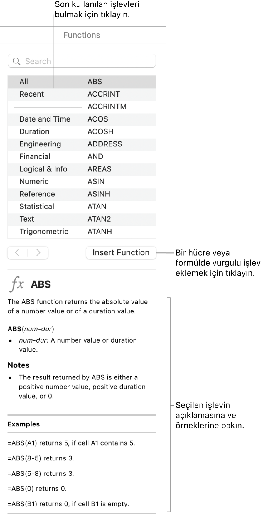 Son kullanılan işlevlere, İşlev Ekle düğmesine ve işlev tanımına belirtme çizgileriyle İşlev Tarayıcı.