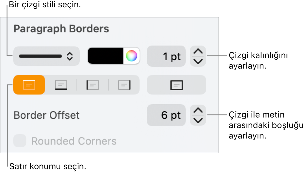 Çizgi stilini, kalınlığını, konumunu ve rengini değiştirmeye yönelik denetimler.