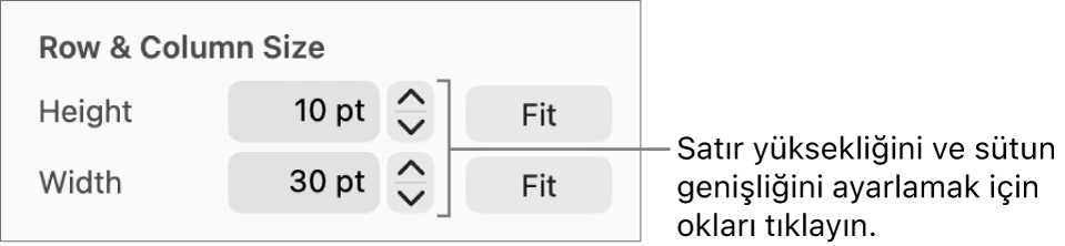 Net satır veya sütun boyutu ayarlama denetimleri.