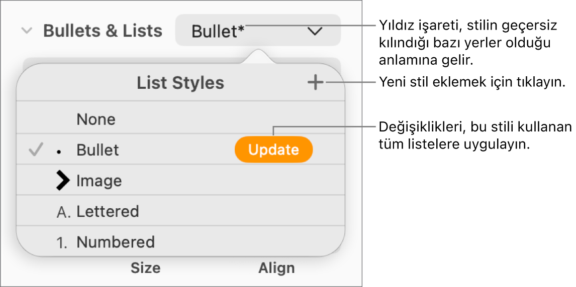 Bir geçersiz kılmayı gösteren bir yıldız işaretinin ve Yeni Stil düğmesi belirtimlerinin göründüğü Liste Stilleri açılır menüsü ve stilleri yönetme seçeneklerini içeren bir alt menü.