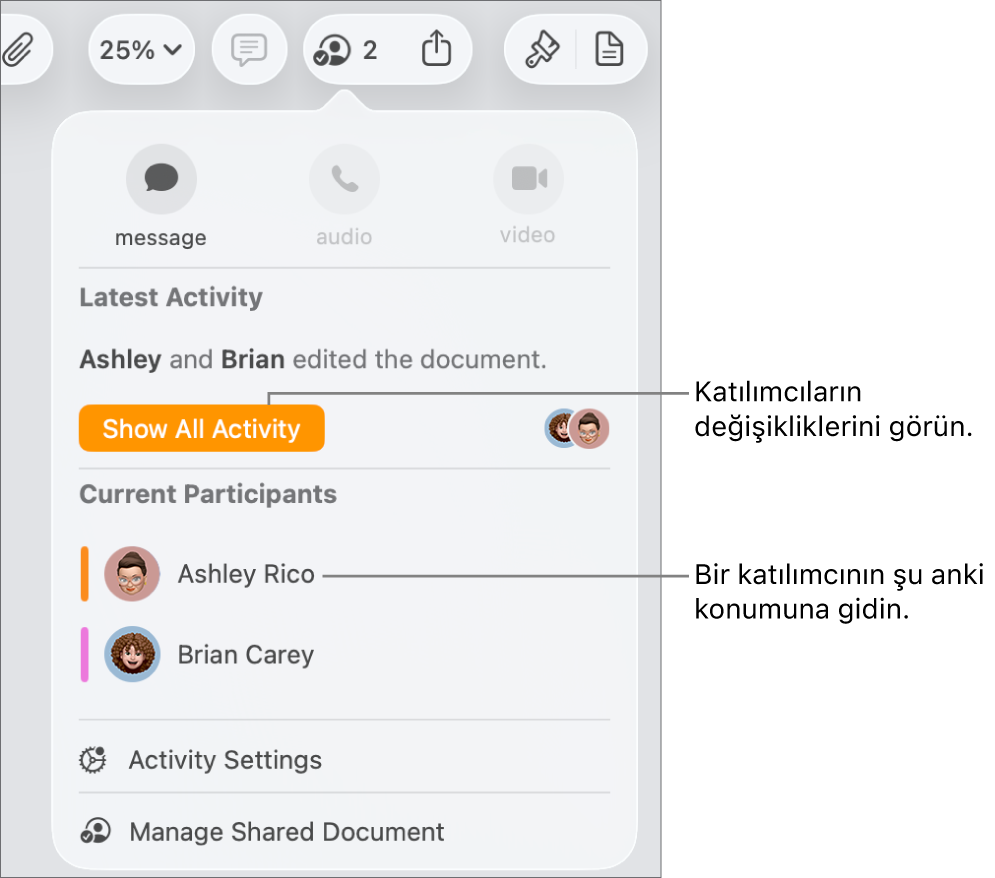 Ortak çalışma menüsünde iki güncel katılımcı listeleniyor.