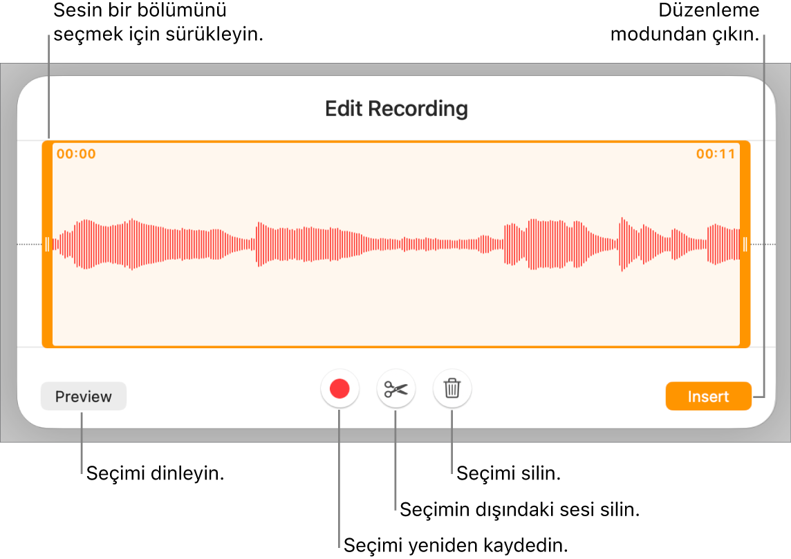 Kaydedilen sesi düzenleme denetimleri. Tutamaklar kaydın seçilen kısmını gösterir; Önizleme, Kaydet, Kes, Sil ve Düzen Modu düğmeleri aşağıdadır.
