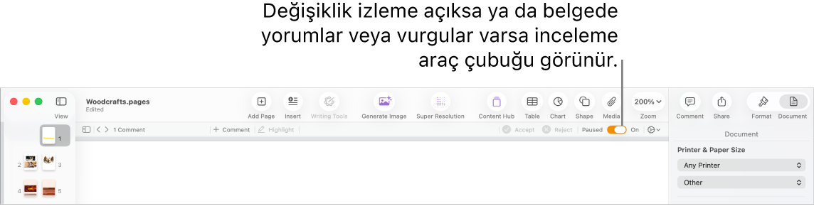 Değişiklik izleme açık hâlde Pages araç çubuğu ve Pages araç çubuğunun altında gözden geçirme araç çubuğu.