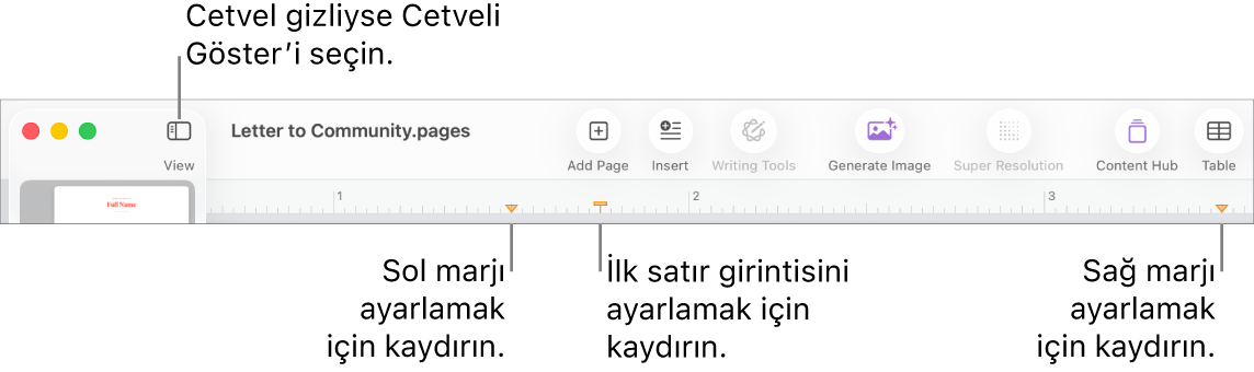 Sol marj denetimli ve ilk satır girintisi denetimli cetvel.