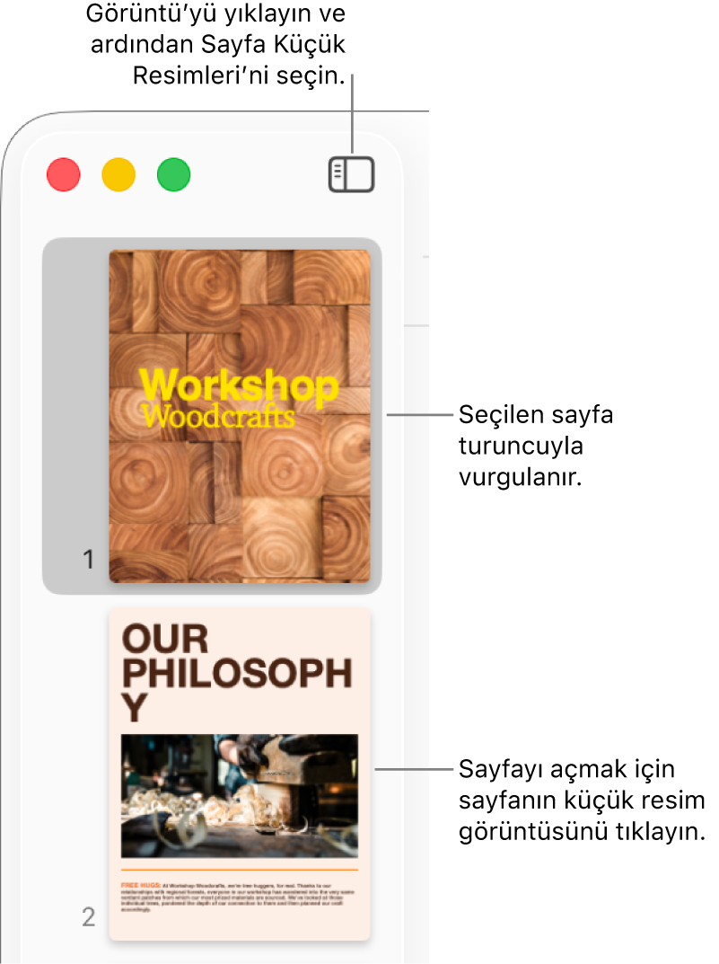Sayfa Küçük Resimleri görüntüsü açık ve seçili sayfa koyu turuncu ile vurgulanmış Pages penceresinin sol tarafındaki kenar çubuğu.