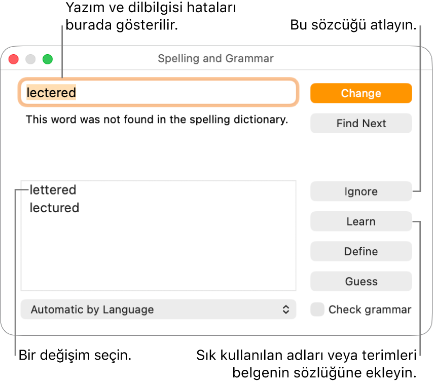 Yazım ve Dilbilgisi Denetimi penceresi.