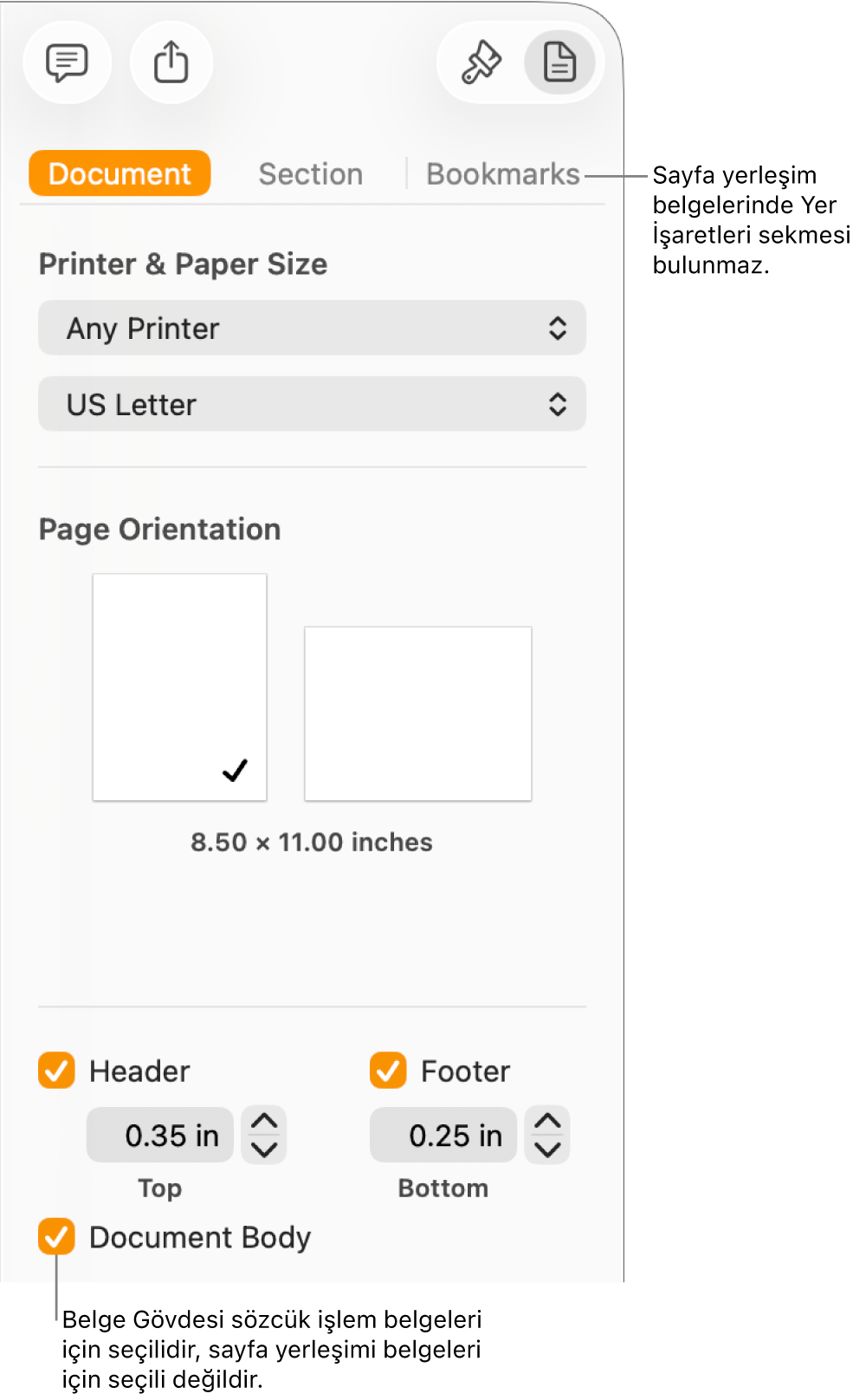 En üstte Belge, Bölüm ve Yer İşaretleri sekmeleri ile Biçim kenar çubuğu. Belge sekmesi seçilidir ve Yer İşaretleri sekmesinin belirtme çizgisi, sayfa yerleşimi belgelerinde Yer İşaretleri sekmesi olmadığını söyler. Belge Gövdesi onay kutusu seçilidir, bu aynı zamanda bunun bir sözcük işlem belgesi olduğunu gösterir.