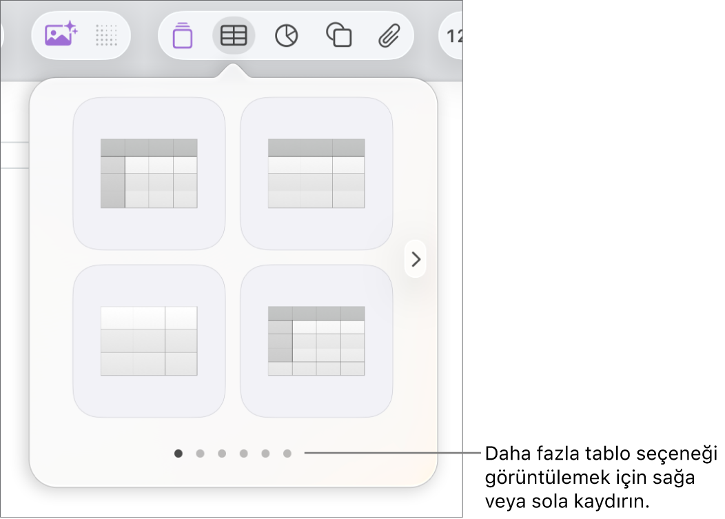 Gezinme okları olan Tablo Ekle menüsü.