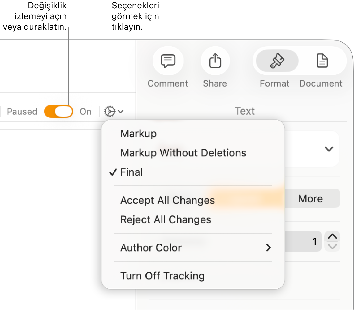 Alt kısımda İzlemeyi Kapat’ı ve İzleme Açık ve Durduruldu düğmesi belirtimlerini gösteren izleme seçenekleri menüsü.