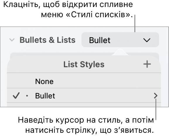 Спливне меню «Стилі списків» з одним вибраним стилем і стрілкою справа від нього.