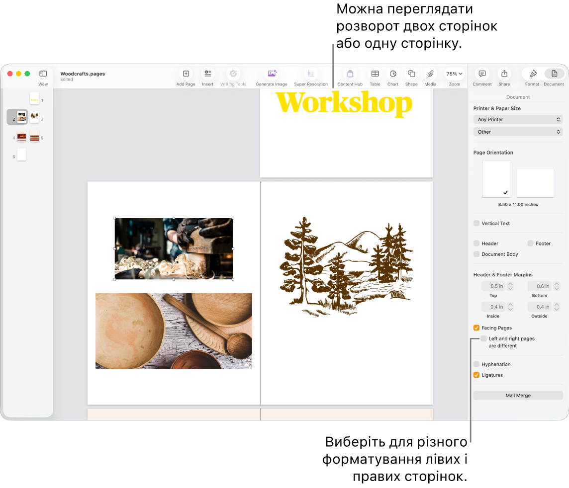 Вікно Pages з мініатюрами сторінок і сторінками документа у вигляді розвороту. На боковій панелі «Документ» справа вимкнено опцію «Ліва і права сторінки відрізняються».