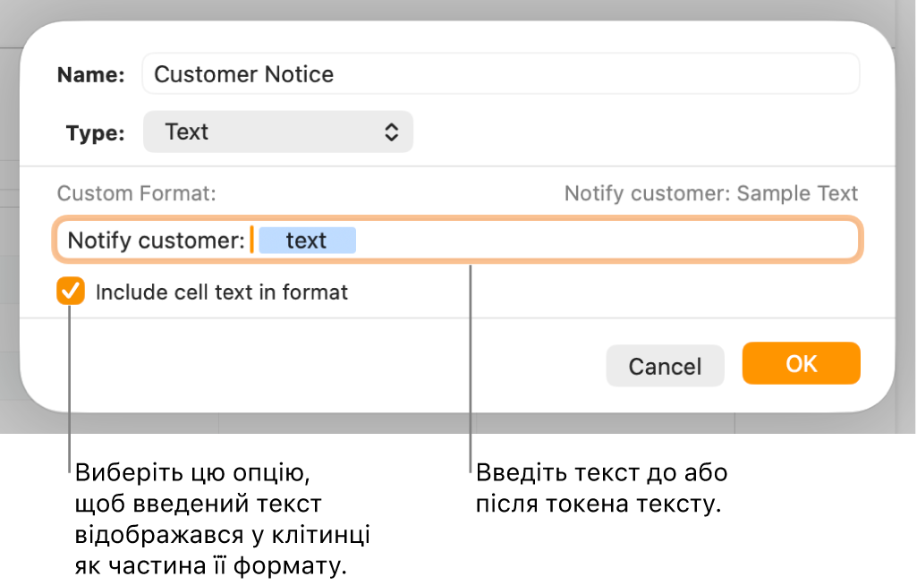 Вікно власного формату клітинок із засобами для вибору спеціального форматування тексту.