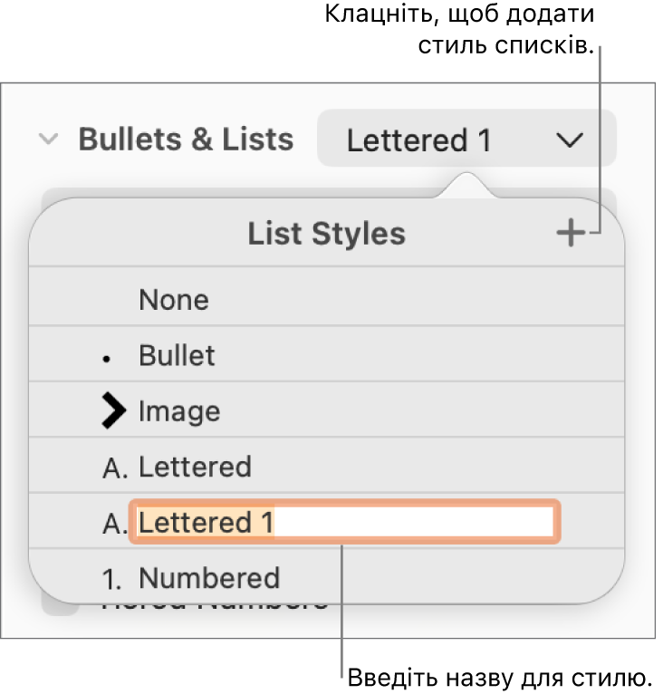 Спливне меню «Стилі списків» із кнопкою «Додати» у верхньому правому куті й зразок назви стилю з вибраним текстом.