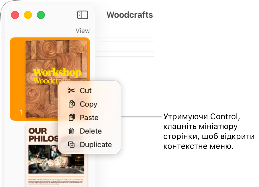 Перегляд мініатюр сторінок з одною вибраною мініатюрою і відкритим контекстним меню.
