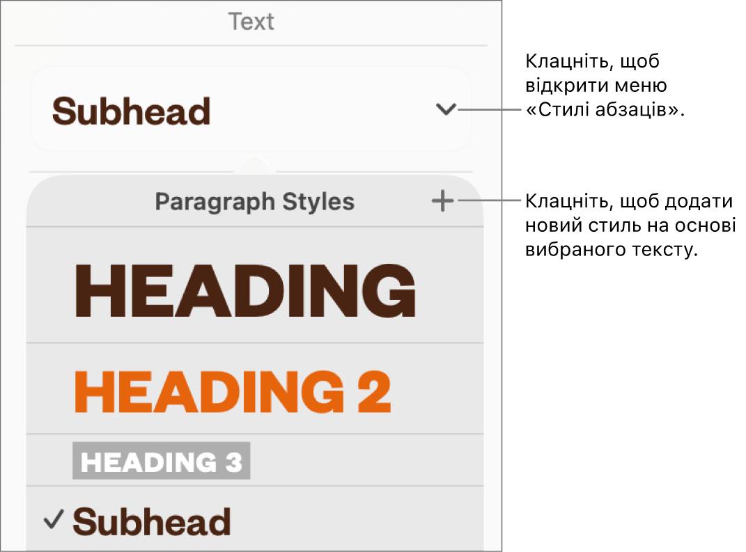 Меню «Стилі абзаців» з елементами керування для додавання чи зміни стилю.