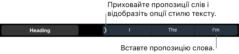 Панель Touch Bar MacBook Pro з елементами керування для вибору стилю тексту приховування пропозицій вводу і вставляння пропозицій.