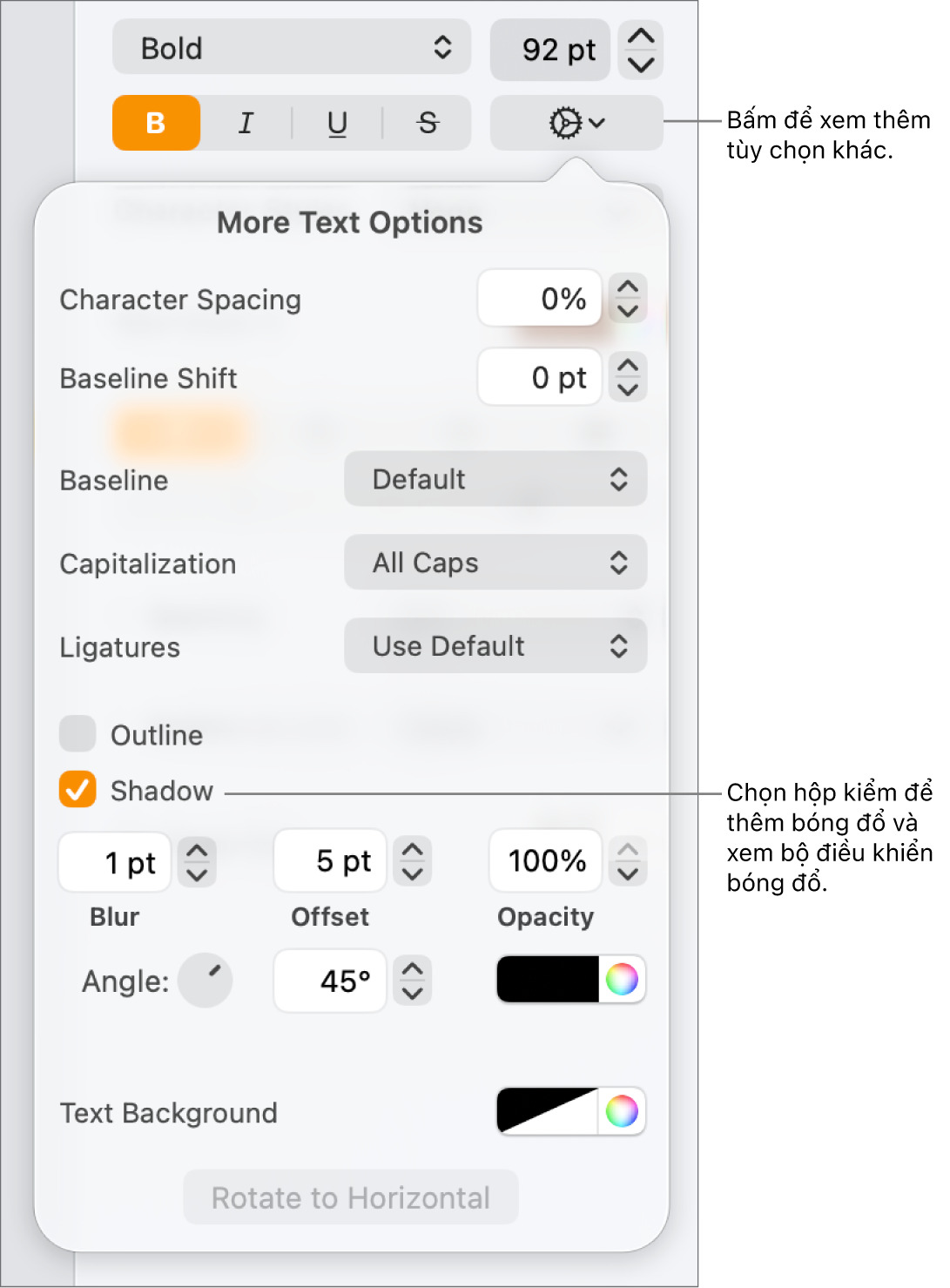 Menu Tùy chọn nâng cao mở với hộp kiểm Bóng đổ được chọn và các điều khiển để đặt độ mờ, độ bù, độ trong suốt, góc và màu.