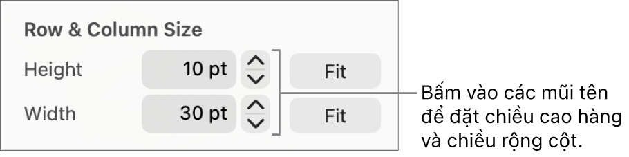 Các điều khiển đặt kích cỡ hàng hoặc cột chính xác.