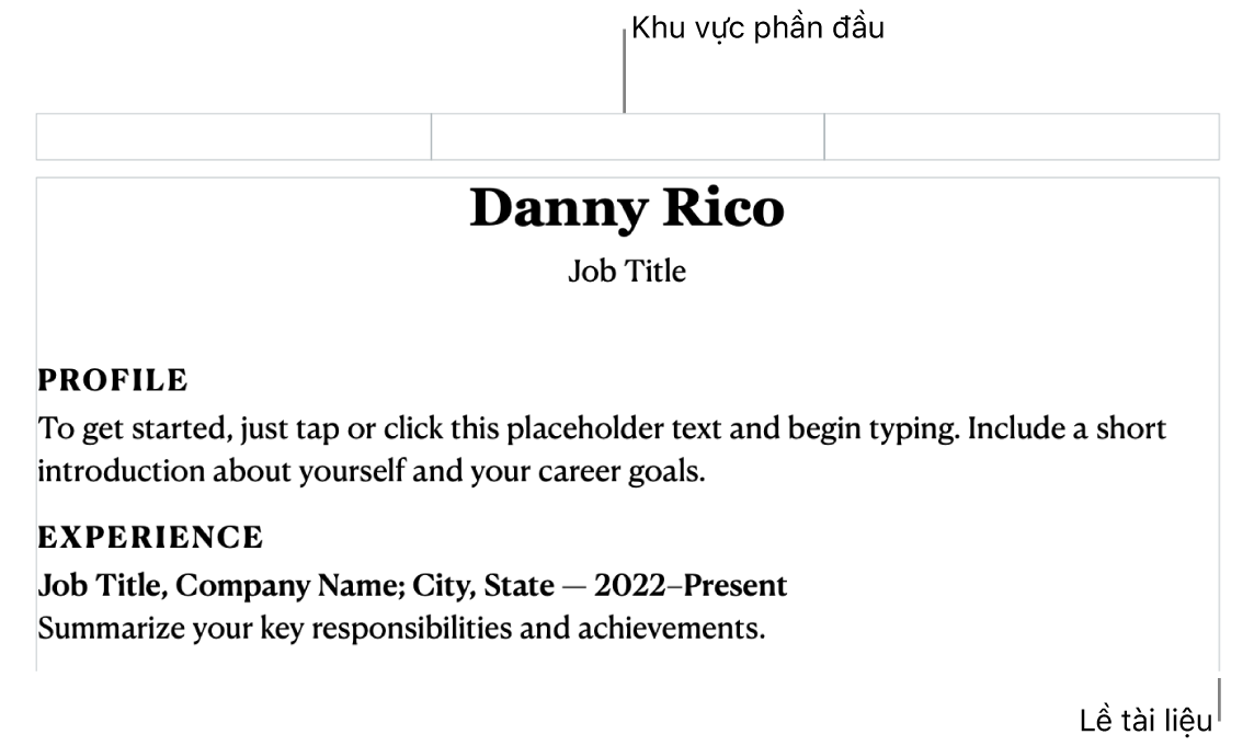 Chế độ xem bố cục hiển thị khu vực đầu trang và lề tài liệu.