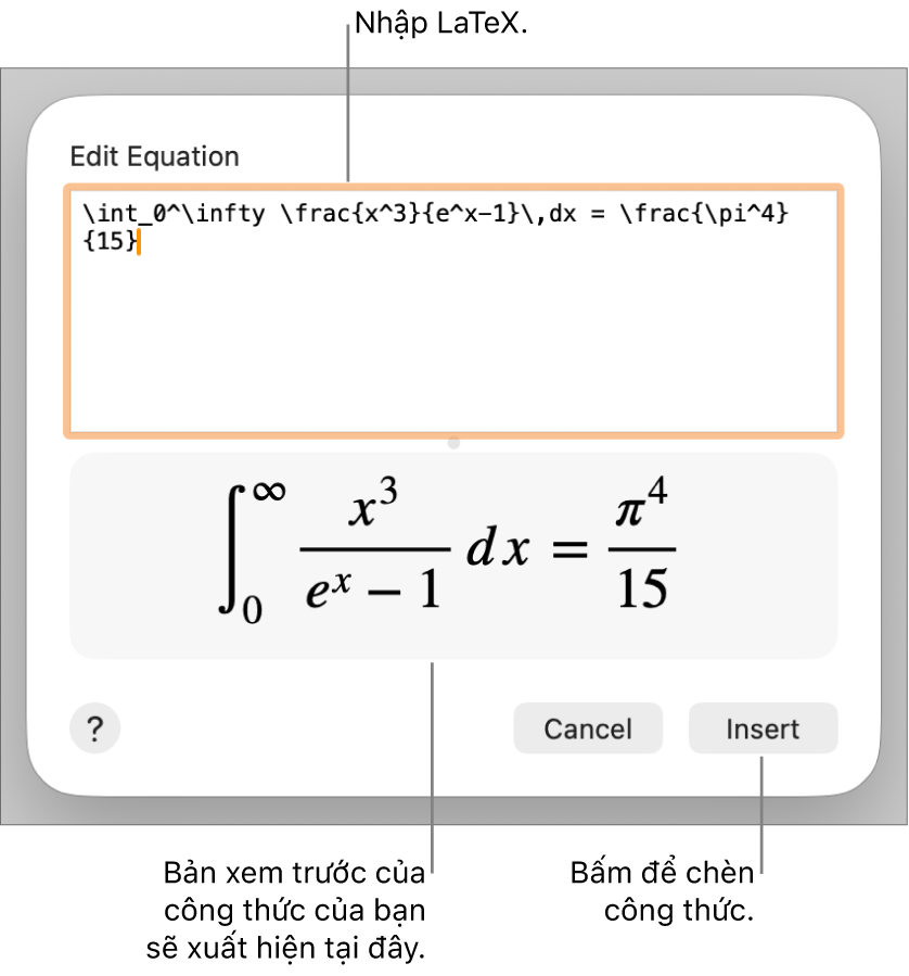 Công thức bậc hai được viết bằng LaTeX trong trường Phương trình và bản xem trước của công thức bên dưới.