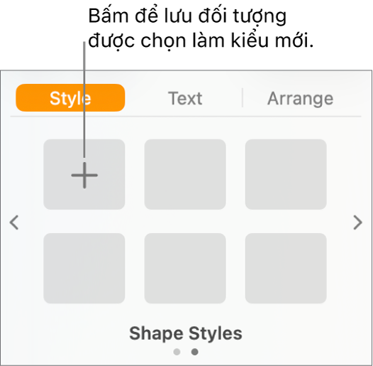 Tab Kiểu của thanh trượt Định dạng, với nút Tạo kiểu ở góc phía trên bên trái và năm trình giữ chỗ kiểu trống.