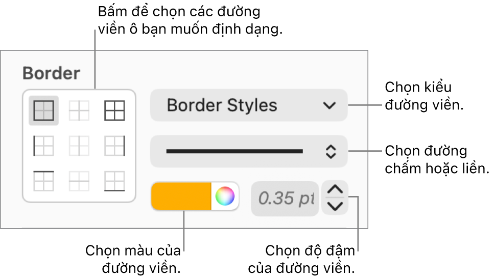 Các điều khiển để tạo kiểu đường viền ô.