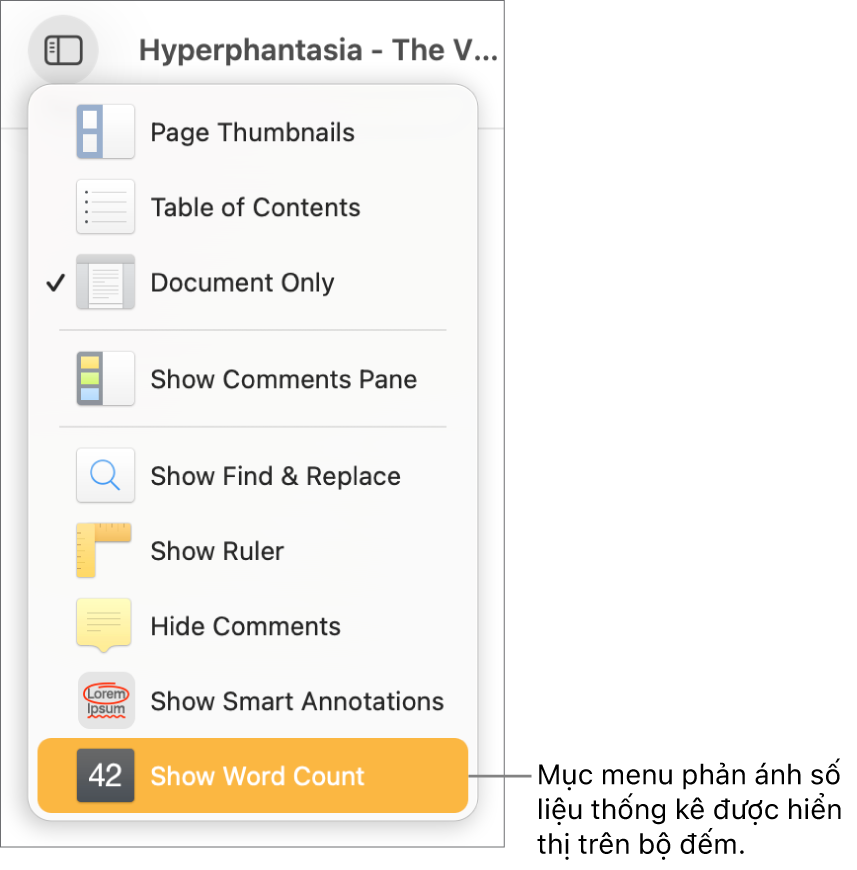 Menu Xem mở ra với Hiển thị số lượng ký tự gần dưới cùng.
