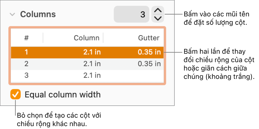 Khung Bố cục của Trình kiểm tra định dạng, hiển thị các điều khiển cột.