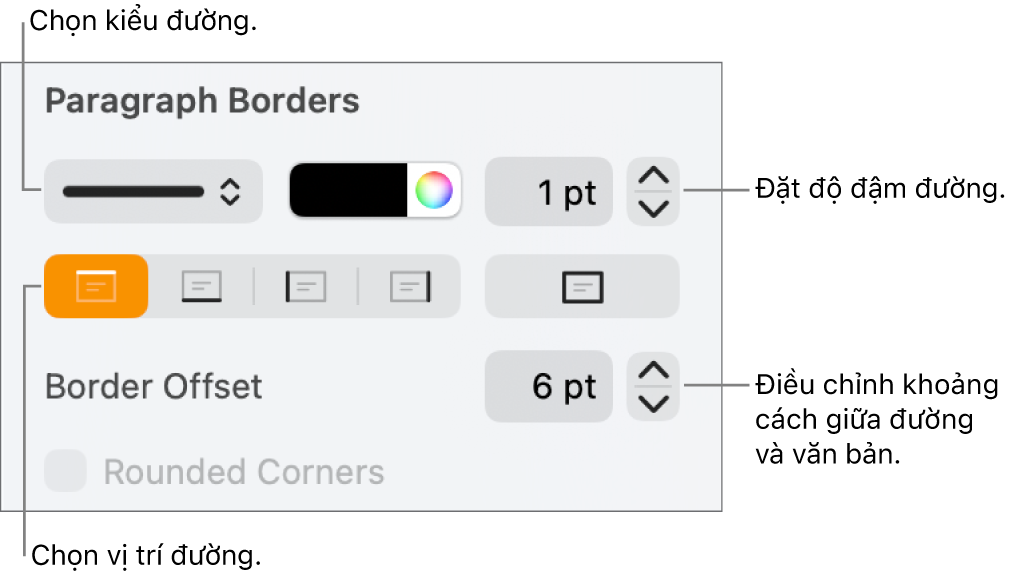 Các điều khiển để thay đổi kiểu đường, độ đậm, vị trí và màu.