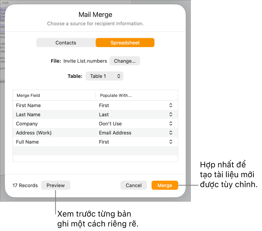 Khung Hợp nhất thư mở ra, với các tùy chọn để thay đổi tệp hoặc bảng nguồn, xem trước các tên trường hợp nhất hoặc hợp nhất tài liệu.