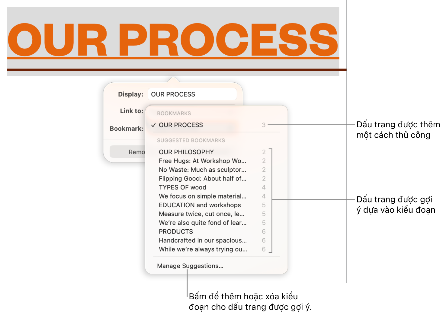 Danh sách dấu trang với các dấu trang được thêm thủ công ở trên cùng và các dấu trang được gợi ý ở bên dưới. Tùy chọn Quản lý gợi ý nằm ở dưới cùng.