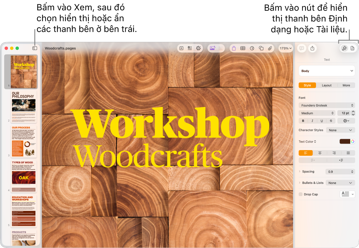 Cửa sổ Pages với các lời nhắc đến nút menu Xem và các nút Định dạng và Cửa sổ trên thanh công cụ. Các thanh bên mở ra ở bên trái và bên phải.