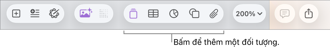 Thanh công cụ với các nút để thêm bảng, biểu đồ, văn bản, hình và phương tiện.