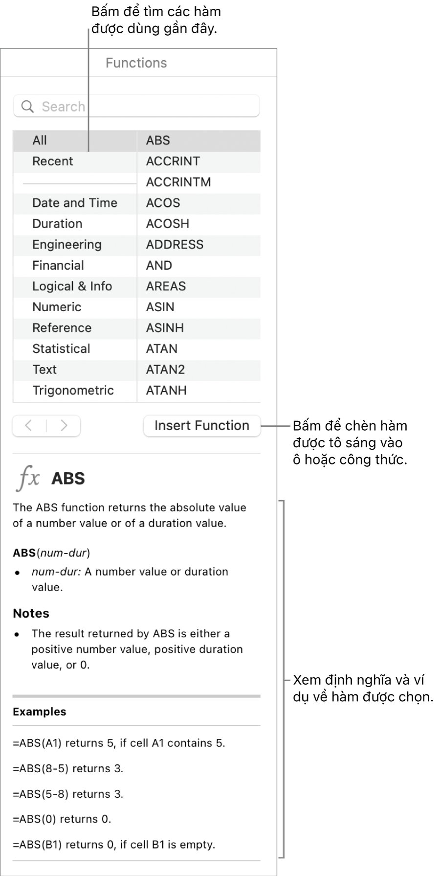 Trình duyệt hàm với các chú thích đến các hàm được sử dụng gần đây, nút Chèn hàm và định nghĩa hàm.