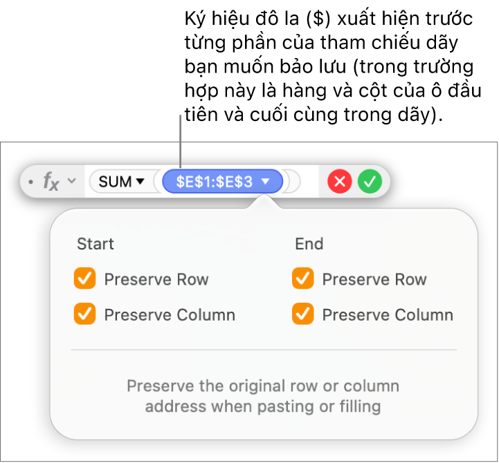 Trình sửa công thức đang hiển thị các tùy chọn Bảo lưu hàng và Bảo lưu cột được chọn cho một phạm vi nhất định.
