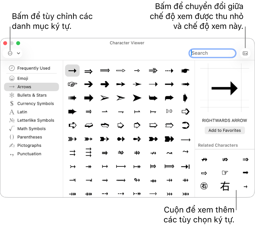 Trình xem ký tự mở rộng đang hiển thị các ký tự đặc biệt và ký hiệu, một menu cho các loại ký hiệu khác nhau ở bên trái và một nút ở góc trên cùng bên phải cho phép bạn quay về chế độ xem thu gọn.