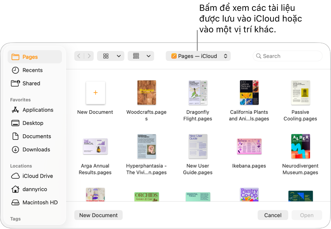 Hộp thoại Mở với thanh bên mở ở bên trái và iCloud Drive được chọn trong menu bật lên ở đầu. Thư mục Pages xuất hiện trong hộp thoại, cùng với nút Tài liệu mới.