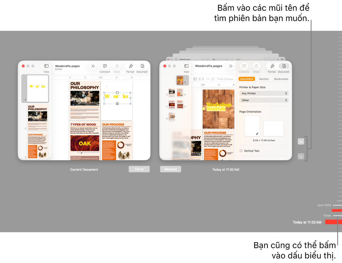 Dòng thời gian của phiên bản hiển thị tài liệu hiện tại ở bên trái và phiên bản gần đây ở bên phải.