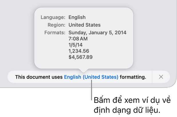 Thông báo về cài đặt ngôn ngữ và vùng khác, đang hiển thị các ví dụ về định dạng trong ngôn ngữ và vùng đó.