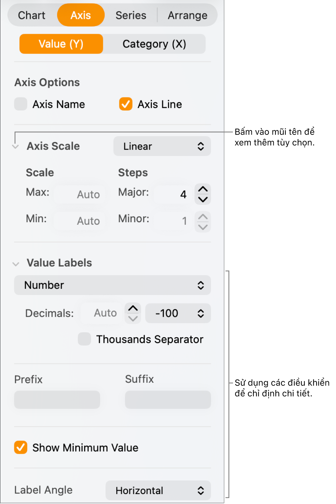 Điều khiển để định dạng các dấu mốc trục của biểu đồ.