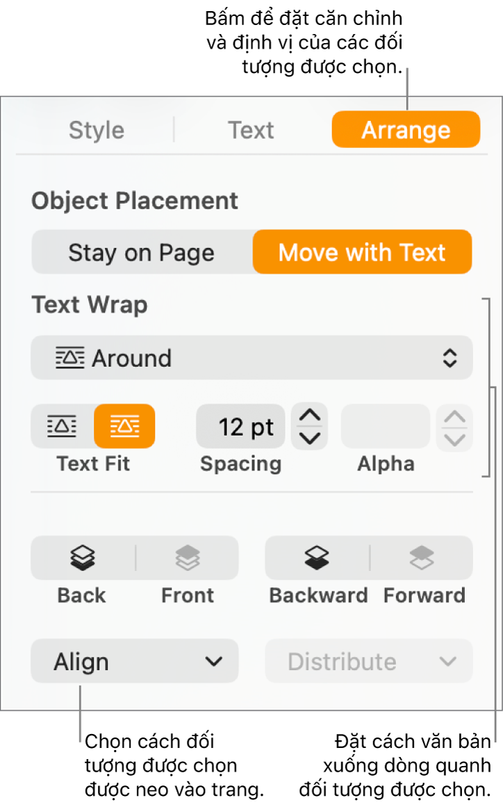 Menu Định dạng với thanh bên Sắp xếp được hiển thị. Cài đặt Thay đối tượng nằm ở đầu thanh bên Sắp xếp, với cài đặt Ngắt dòng văn bản bên dưới.