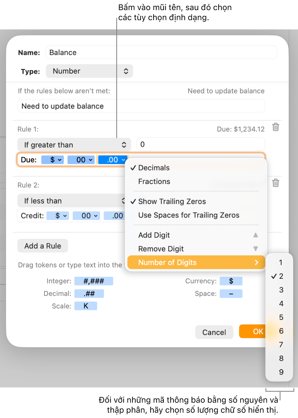Cửa sổ định dạng ô tùy chỉnh với các điều khiển để chọn các tùy chọn định dạng tùy chỉnh.