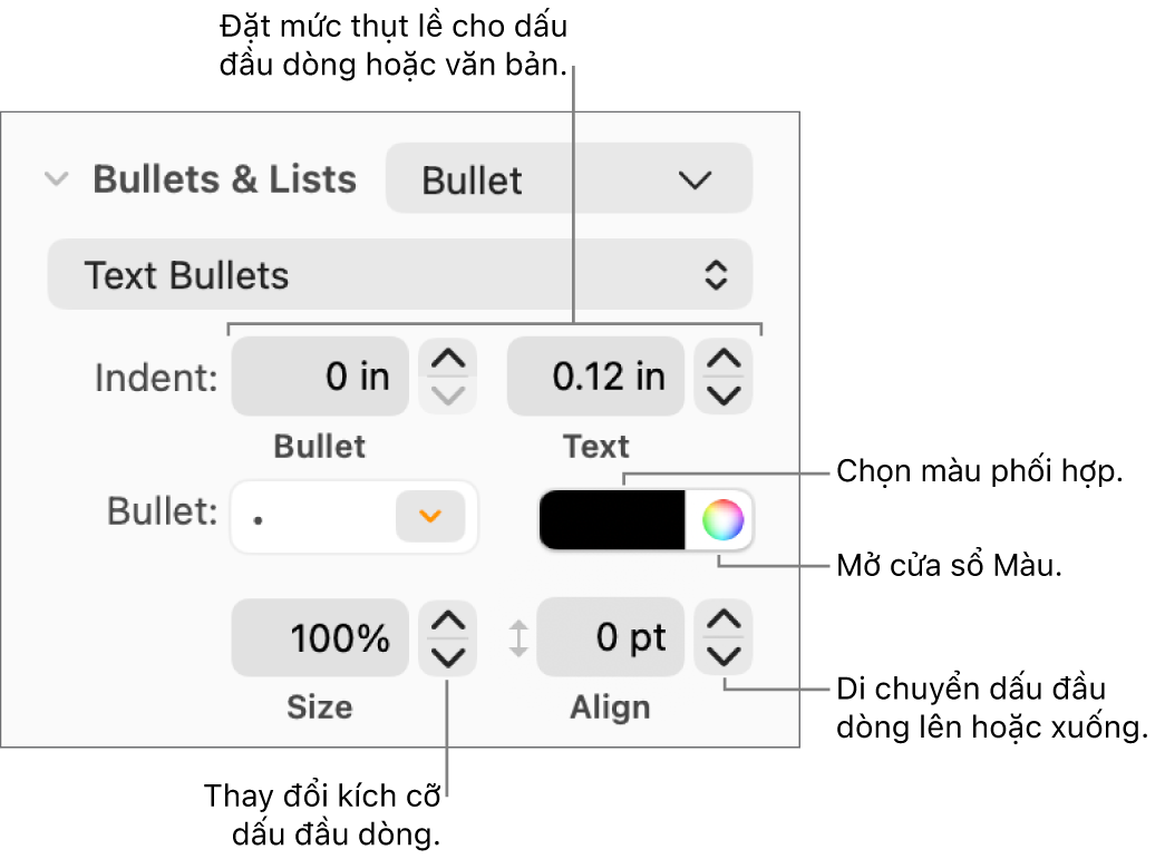 Phần Dấu đầu dòng & Danh sách với các lời nhắc đến các điều khiển cho thụt lề dấu đầu dòng và văn bản, màu dấu đầu dòng, kích cỡ dấu đầu dòng và căn chỉnh.