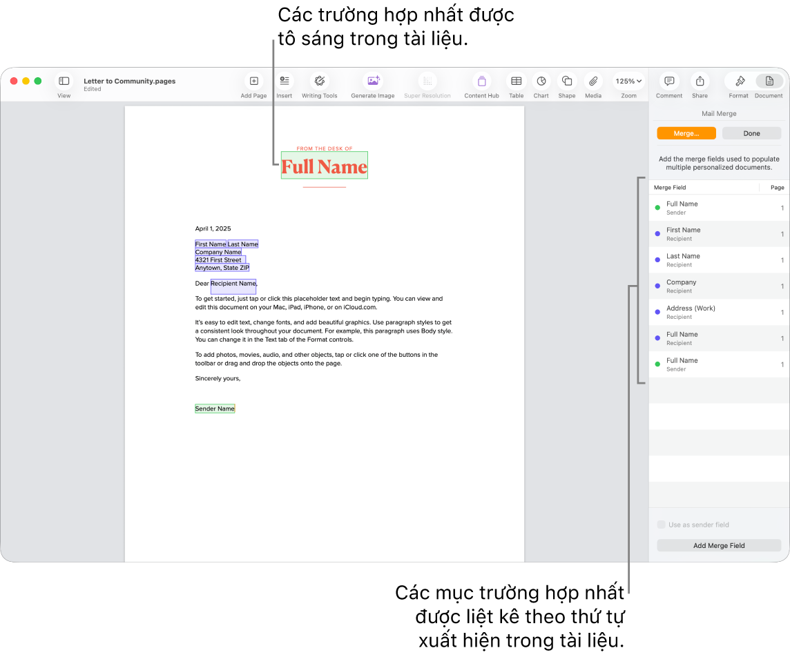 Tài liệu Pages với các trường hợp nhất người nhận và người gửi và danh sách trường hợp trường hợp nhất hiển thị trong thanh bên Tài liệu.