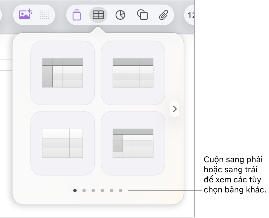 Menu Thêm bảng với các mũi tên điều hướng.