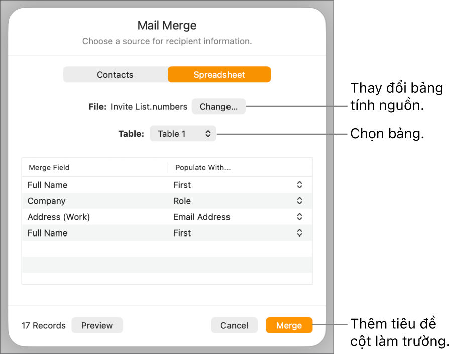 Khung Xem trước trường hợp nhất mở ra, với các tùy chọn để thay đổi tệp hoặc bảng nguồn, xem trước các tên trường hợp nhất hoặc thêm phần đầu cột làm trường.