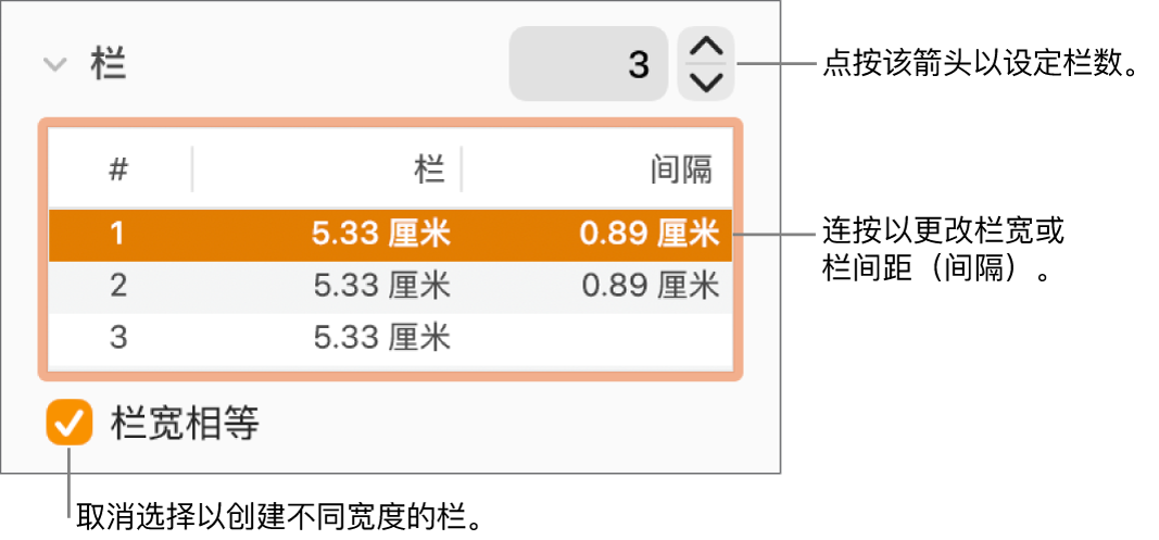 显示栏控制的“格式”检查器的“布局”面板。