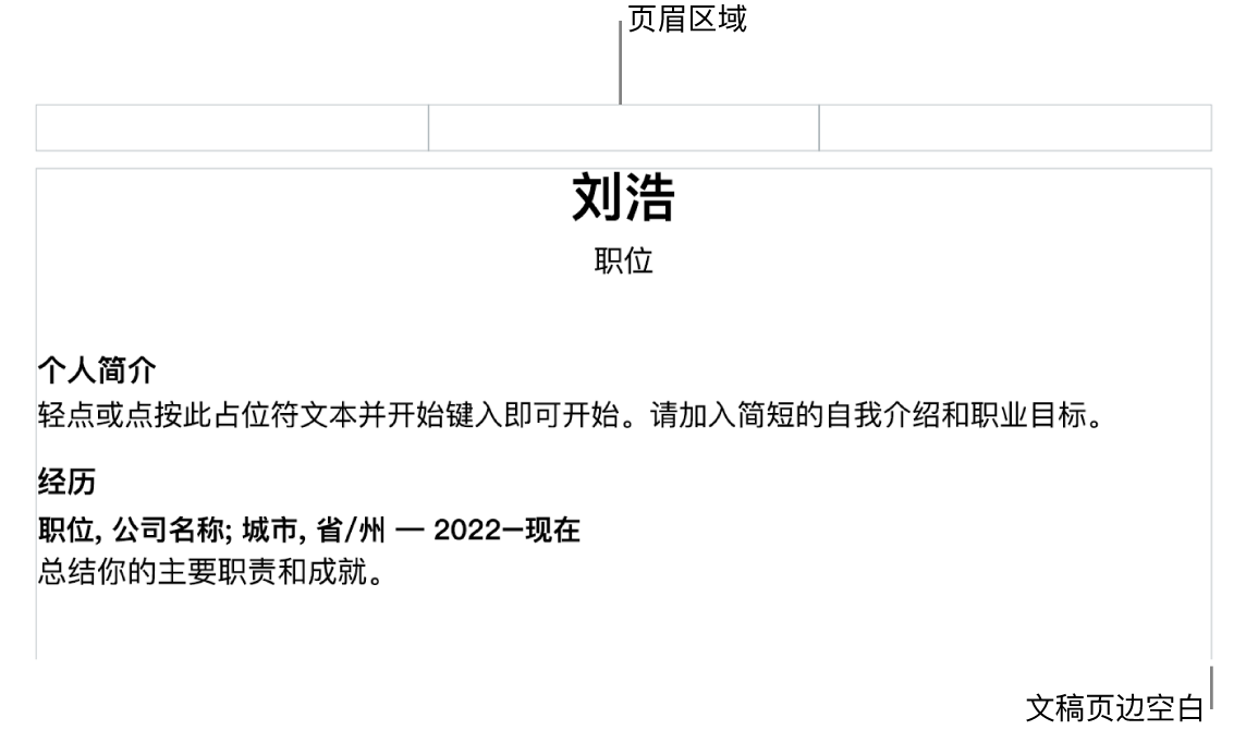显示页眉区域和文稿页边空白的布局视图。