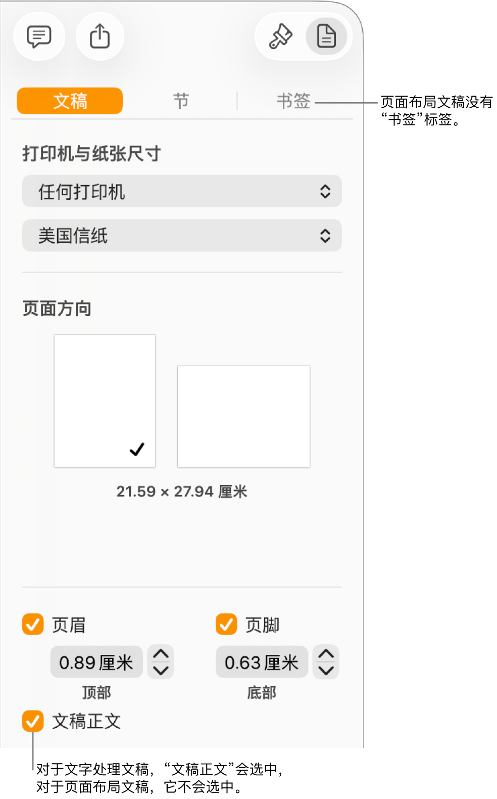 “格式”边栏，顶部是“文稿”、“节”和“书签”标签。“文稿”标签已选定，指向“书签”标签的标注框说明页面布局文稿无“书签”标签。“文稿正文”复选框已选定，也表示这是文字处理文稿。
