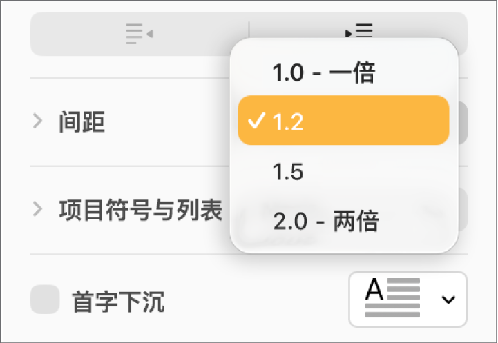 带有“一倍”、“两倍”和其他选项的“间距”弹出式菜单。